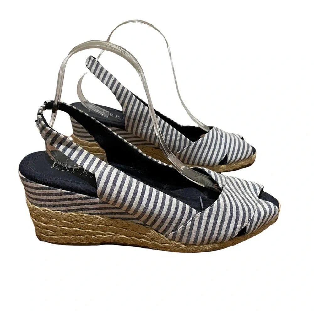 lauren ralph lauren cassara wedge espadrille striped sandals blue size 9.5 - Picture 2 of 8